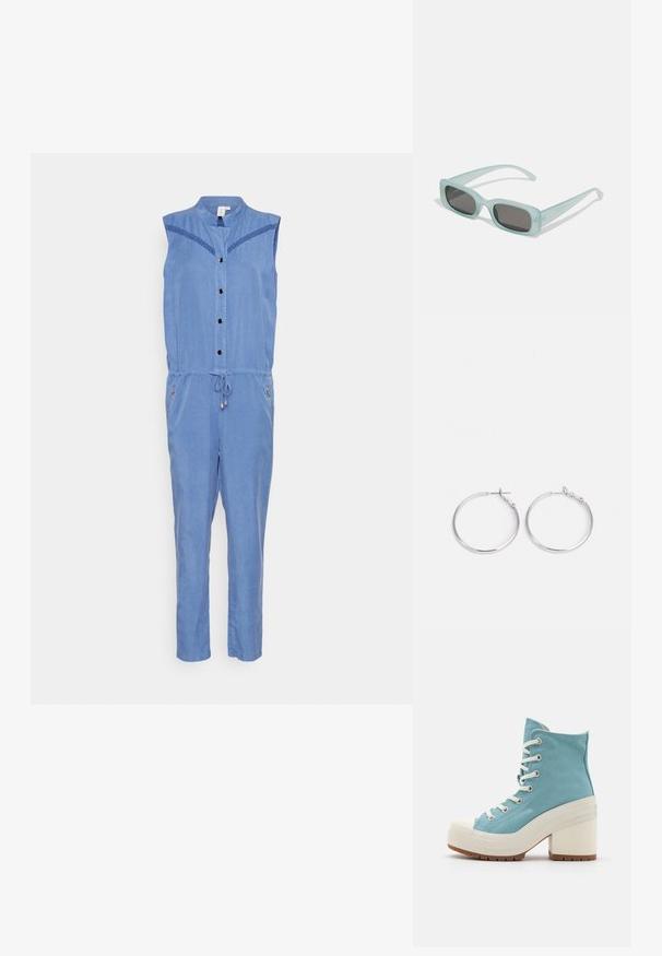 ONLY ONLARIZONA - Buksedragter - medium blue denim; Lys blå kanvas høje sneakers med hvide snørebånd, gummitåhætte og en kraftig hvid hæl. Tekstureret sål for godt greb.; Et par rektangulære solbriller med lyseblå gennemsigtige stel og mørkegrå linser, der har lige templer og minimale hardware detaljer.; sweet deluxe EARRING - Øreringe - silver-coloured