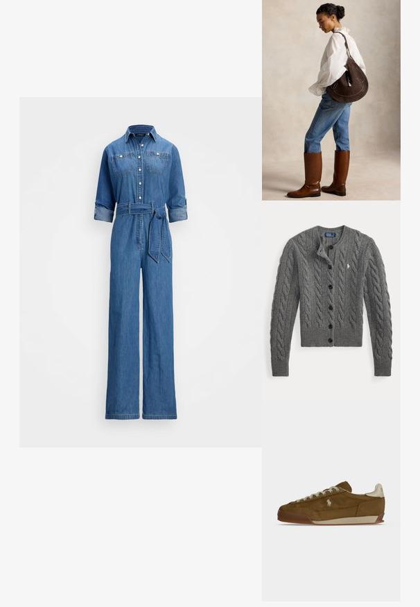Denim jumpsuit in midblauw, met een knopenlijst aan de voorkant, twee borstzakken, opgerolde mouwen, een taille met riem en een wijdere broekspijp.; Grijze kabelgebreide cardigan met knopen aan de voorkant, lange mouwen, geribde manchetten en zoom, met een klein wit geborduurd logo op de borst.; Bruine suède sneaker met crèmekleurige veters, dikke zool en een klein wit geborduurd logo aan de zijkant.; Vrouw in wit bloesje en blauwe jeans draagt hoge bruine laarzen en draagt een grote donkerbruine schoudertas, staand zijwaarts tegen een effen achtergrond.