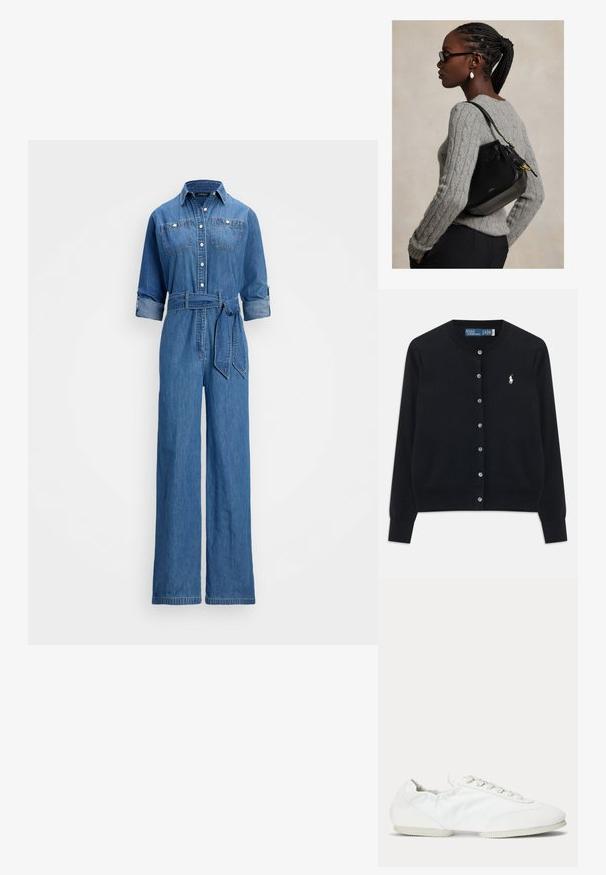 Denim jumpsuit in midblauw, met een knopenlijst aan de voorkant, twee borstzakken, opgerolde mouwen, een taille met riem en een wijdere broekspijp.; Zwarte knopen-up cardigan met lange mouwen, ronde hals en een witte Polo Ralph Lauren-logo geborduurd op de linkerborst.; Wit laagprofiel sneaker met veters, glad stoffen zijpaneel en een zachte, flexibele zool.; Vrouw met gevlochten haar en bril, die een grijze kabeltrui draagt en een zwarte leren schoudertas met gouden details draagt.