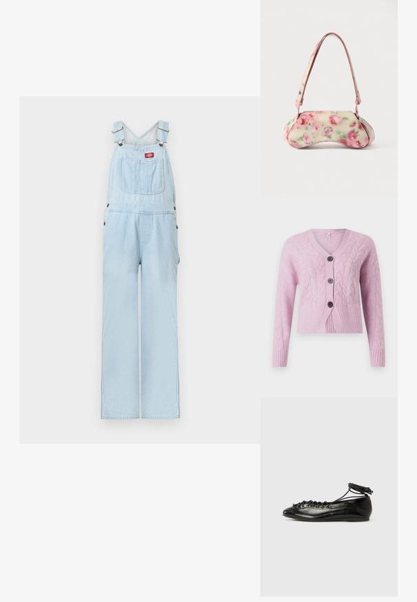 Lyseblå denimsoveralls med justerbare stropper, forlomme med rød logo-patch og brede, lige ben.; Lyserød cropped cardigan lavet af tekstureret strik med kabelmønstre, der har V-hals, ribbet kant og tre mørke knapper foran.; Sorte balletflade sko i laklæder med rundet tå, snørelukning og flad sål. Glat tekstur med få detaljer.; Håndtaske med blomstermønster og buet form, primært cremefarvet med pink roser, med en pink rem og en sølvfarvet logo-detalje. Glat tekstur.