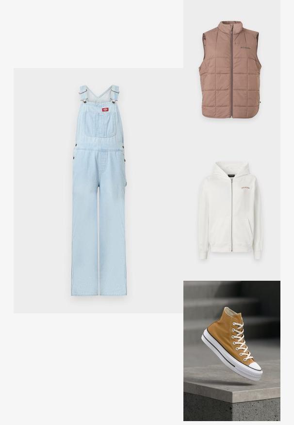 Lichtblauwe denim tuinbroek met verstelbare bandjes, voorzak met rood logopatch en brede rechte pijpen.; Witte rits-hoodie van zacht katoen, met een kangoeroezak, ribgebreide mouwen en een klein beige geborduurd logo op de borst.; Bruine gewatteerde mouwloze bodywarmer met voorrits en opstaande kraag, voorzien van het Columbia-logo op de linkerborst.; High-top sneaker in mosterdgele canvas met witte veters, een rubberen neuskap en een gestructureerde witte zool met zwarte strepen.