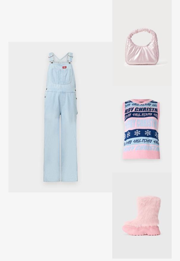 Lyseblå denimsoveralls med justerbare stropper, forlomme med rød logo-patch og brede, lige ben.; Ærmeløs strikket sweater med skiftende blå, lyserøde og marine striber, prydet med "GLÆDELIG JUL" og snefnugsmønstre.; Kraftig pink støvle med tekstureret sål og blød, fluffy faux fur der dækker hele det øverste af støvlen.; Rosa, polstret håndtaske med afrundet design, lavet af skinnende materiale. Har et samlet håndtag og en lynlås til sikker adgang.