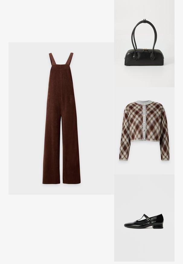 Bruine wijde corduroy-overalls met schouderbandjes en een vierkante halslijn op een witte achtergrond.; Korte cardigan in een bruine, grijze en beige ruitpatroon. Voorzien van een ronde hals en vijf zilverkleurige knopen aan de voorkant.; Zwarte leren Mary Jane schoenen met een puntige neus, een kleine blokhak en een verstelbare riem met een zilveren gesp. Gladde, glanzende textuur.; Zwarte leren handtas met twee verlengde handvatten, ritsluiting en ronde vorm; gladde textuur met subtiele glanzende afwerking.