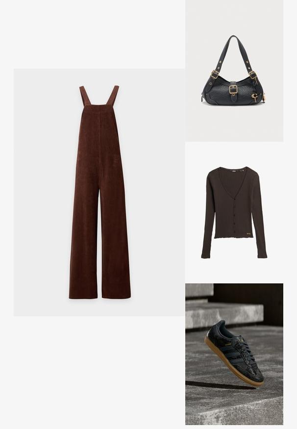 Salopette marron en velours côtelé à jambes larges avec bretelles et encolure carrée sur fond blanc.; Cardigan en maille marron à manches longues, décolleté en V profond, boutons sur le devant et ourlet froncé. Présente un détail de logo doré en bas.; Baskets Adidas Samba noires avec motif texturé, semelle en gomme et logo doré, positionnées en plein air au-dessus de marches en béton.; Sac à main en cuir noir texturé avec boucles dorées, bandoulière réglable, et petit pendentif clé dorée sur le côté, sur fond clair uni.