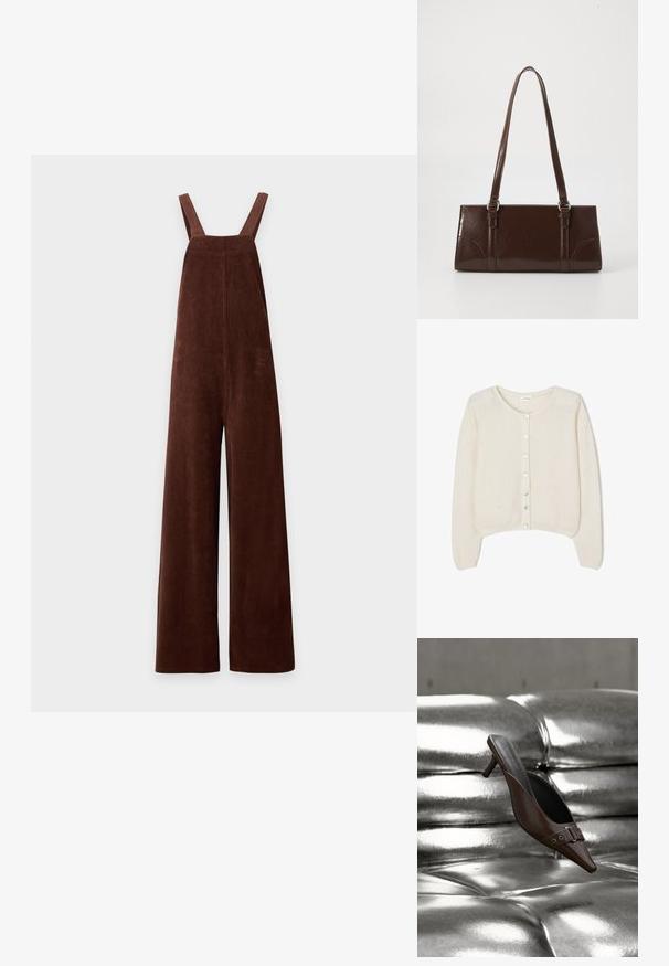 Braune, weit geschnittene Cord-Latzhose mit Schulterriemen und quadratischem Ausschnitt auf weißem Hintergrund.; Weiche, cremefarbene Strickjacke mit langen Ärmeln und sieben Knöpfen vorne, mit rundem Ausschnitt sowie gerippten Bündchen und Saum.; Brauner spitzer Mule mit Absatz und Schnallendetail, der über einer glänzenden silbernen, gesteppte Lederoberfläche schwebt.; Braune Lackleder-Handtasche in rechteckiger Form, mit zwei langen Griffen und subtilen, geschwungenen Akzenten auf der Vorderseite.