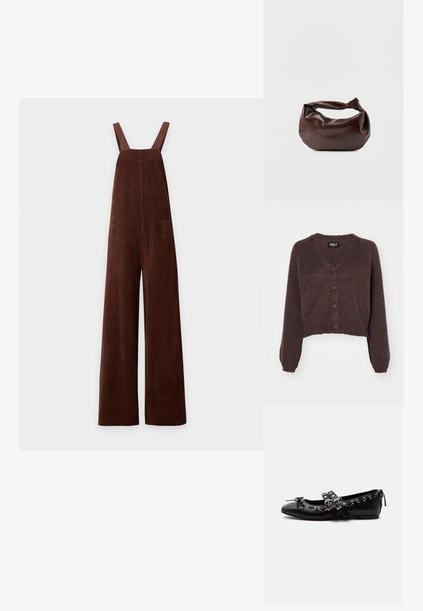 Brune vidde fløjlsbukser med skulderstropper og firkantet halsudskæring på hvid baggrund.; Brun strikket cropped cardigan med V-udskæring, seks knapper foran og ribbede manchetter og kant. Blød tekstur med løs pasform.; Sort flad balletsko med dobbelt spænde, sølvøjer og en lille sløjfe nær den runde tå på en hvid baggrund.; Mørkebrun læder skuldertaske med en blød, afslappet form og et snoet knudehåndtag på en ensartet hvid baggrund.