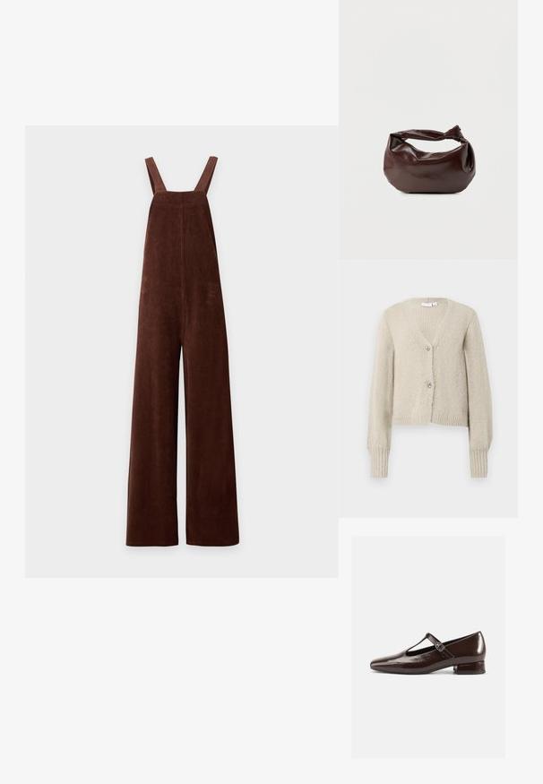 Brune vidde fløjlsbukser med skulderstropper og firkantet halsudskæring på hvid baggrund.; Beige strikket cardigan med lange ærmer, V-hals, ribbede manchetter og kant, samt to dekorative sølvfarvede bueformede knapper.; Brune Mary Jane-sko i laklæder med en rundet tå, udskæringsdesign og justerbar rem. Lav blokhæl.; Mørkebrun læder skuldertaske med en blød, afslappet form og et snoet knudehåndtag på en ensartet hvid baggrund.