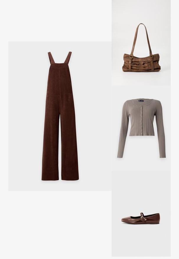 Bruine wijde corduroy-overalls met schouderbandjes en een vierkante halslijn op een witte achtergrond.; Langsleeve, cropped cardigan in lichtbruin ribstof. Heeft een ronde halslijn en knoopsluiting met metalen accenten.; Bruine gepatineerde leren balletschoen met een vierkante neus en een bandje met een kleine gouden gesp. Gladde textuur, lage hak en minimalistisch ontwerp.; Even&Odd by Zalando Handtas - brown