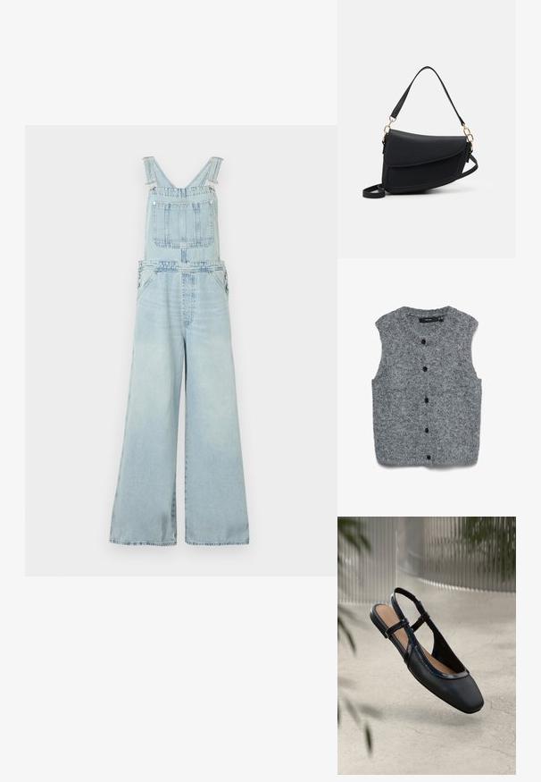 Lyseblå denim-dragter med vidde ben, justerbare skulderstropper, en forreste bib-lomme og sideknaplukninger.; Grå strikket ærmeløs vest med blød tekstur, med rund halsudskæring og seks sorte knapper ned foran.; Sorte læder slingback flade sko med firkantet tå, prydet med en blank patenteret kant og justerbare remme for en sikker pasform.; Sort læderhåndtaske med en struktureret overflade, der har en enkelt skulderrem og guld hardware-detaljer. Designet er slankt og minimalistisk.