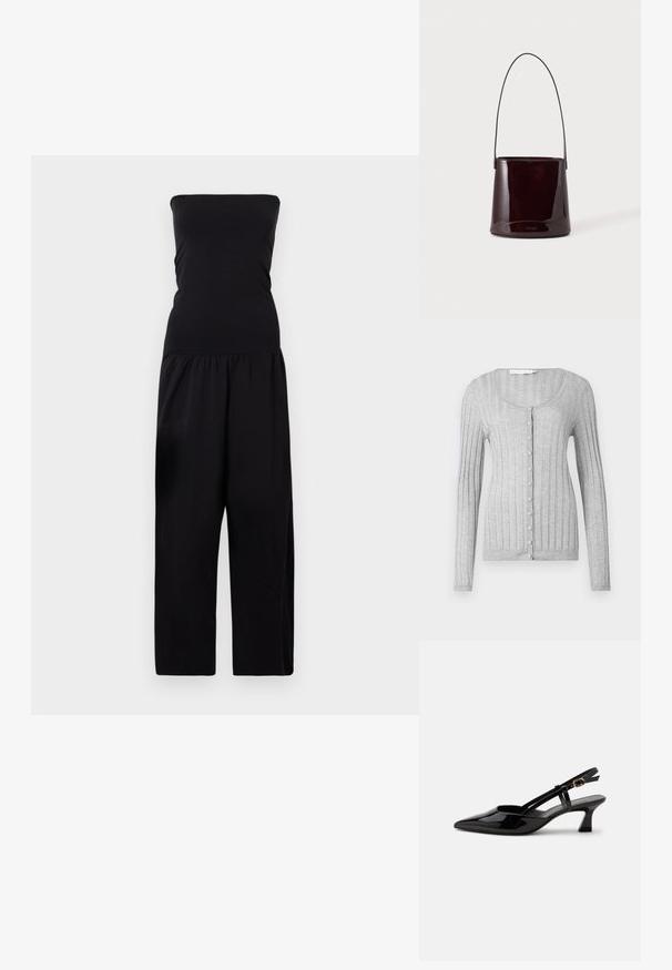 By Malene Birger MARCIEL - Lühikeste varrukatega bodi - black; Hallhallane ribidega kardigan pika varrukaga, ümar kaelus ja nööpidega esikülg. Omab tekstuurset kangast ja keha ligihoidvat disaini.; Mustast lakknahast rihmkontsaga madala kontsaga king terava ninaga ja reguleeritava kuldse pandlaga valgel taustal.; Tumepruun läikiv ämbrikujuline käekott pika õhukese rihma ja minimaalse nähtava õmblusega heledal taustal.