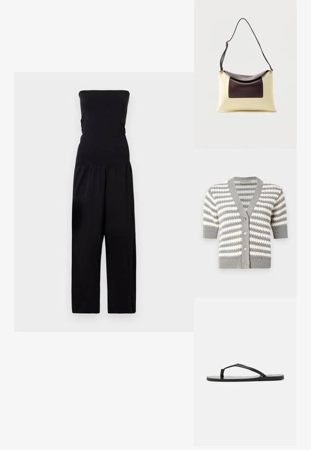 By Malene Birger MARCIEL - Buksedragter - black; Grå og hvidstribet cardigan med korte ærmer, V-udskæring og fem knapper. Strikket tekstur med ribbede kanter.; Sorte flip-flops med minimalistisk design, der har tynde stropper og en flad sål. Materialet ser ud til at være plast med en glat overflade.; Skuldertaske i cremefarvet og mørkebrun læder med buet klap og justerbar sort rem mod hvid baggrund.