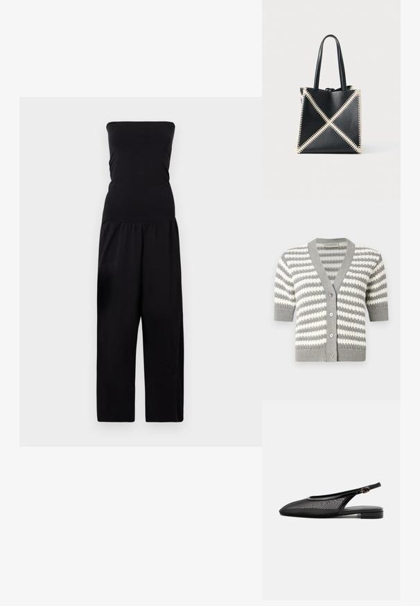 By Malene Birger MARCIEL - Jumpsuit - black; Grau-weiß gestreifter Cardigan mit kurzen Ärmeln, V-Ausschnitt und fünf Knöpfen. Stricktextur mit gerippten Kanten.; Schwarzer Slingback-Flachschuh mit spitzer Kappe, Mesh-Obermaterial, verstellbarem Schnallenriemen und niedrigem Blockabsatz auf weißem Hintergrund.; Schwarze Leder-Tote mit cremefarbener Steppnaht, die ein X-Muster bildet. Verfügt über zwei schwarze Griffe und hat eine ungeformte Form.