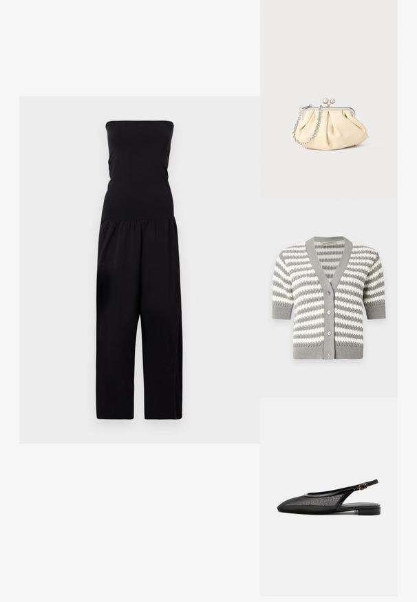 By Malene Birger MARCIEL - Jumpsuit - black; Grijze en witte gestreepte cardigan met korte mouwen, V-hals en vijf knopen. Gebreide textuur met ribbelrand.; Zwarte slingback platte schoen met puntige neus, mesh bovenwerk, verstelbare gespsluiting en lage gestapelde hak op witte achtergrond.; Geplooide beige leren clutch met een zilveren metalen frame, voorzien van twee ronde decoratieve sluitingen en een zilveren kettingriem.
