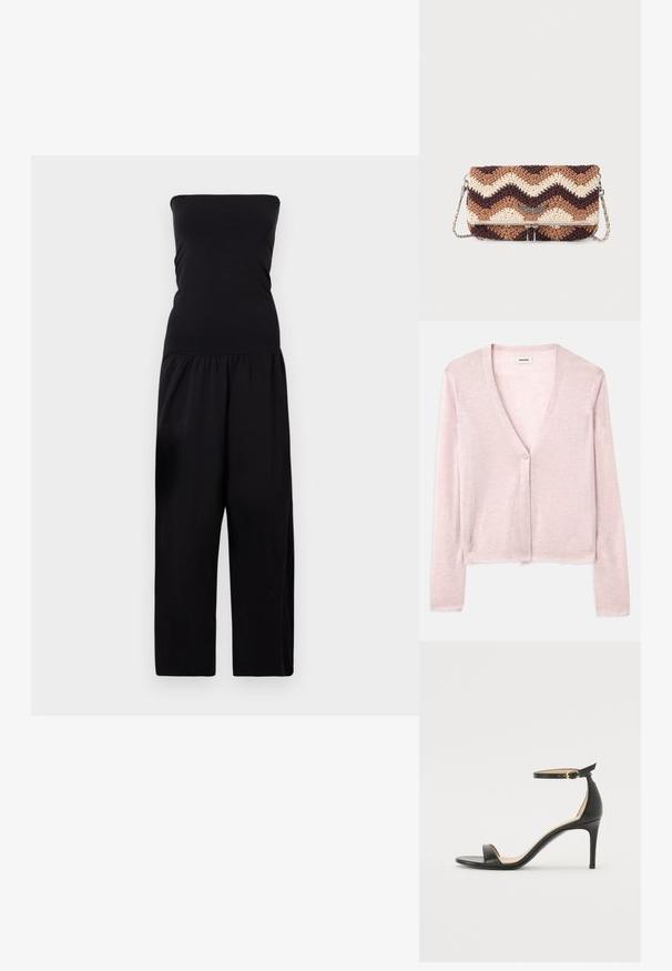 By Malene Birger MARCIEL - Buksedragter - black; Lys pink cardigan, cropped design, lange ærmer, v-hals, enkelt knaplukning, blød tekstur, subtil strikket mønster og rå kantdetaljer.; Sort læder højhælede sandaler med ankelrem. Har en glat tekstur, åben tå og en tynd hæl. Guldtonet spænde detalje.; Hæklet clutch taske med brune, beige og creme chevron-striber, sølv vinget emblem og en sølv kædderem på en hvid baggrund.
