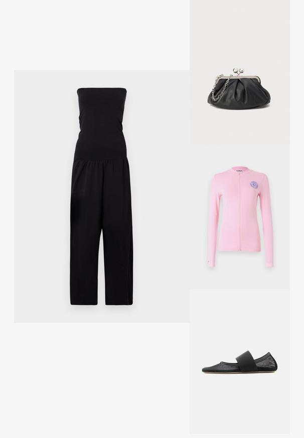 By Malene Birger MARCIEL - Lühikeste varrukatega bodi - black; Hele roosa pikade varrukatega tõmblukuga topp ümmarguse kaelusega, vasakul rinnal sinise logoga embleem. Sile kangas ja kitsas disain.; Mustast võrgust tasane king ümmarguse varbaosaga ja lai elastsilma rihmaga jalavõlvil, näidatud külgvaates ühevärvilisel taustal.; Musthave musta nahast käekott, millel on volditud tekstuur, hõbedane metallraam, lukustatud sulgemismehhanism ja kett. Sile ja pehme pind.