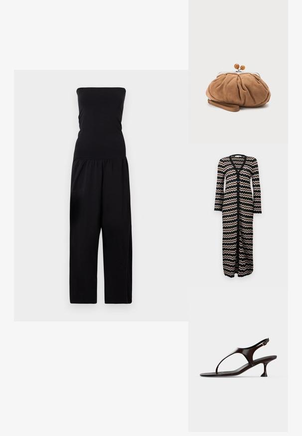 By Malene Birger MARCIEL - Buksedragter - black; Lang cardigan med sort bund og zigzag mønstre i brun og creme. Lavet af en let strik med knapper ned foran.; Mørkebrun laklædersandal med rem bagpå, lille hæl og tårem på hvid baggrund.; Lille blød brun ruskind clutch taske med rynket stof, metal-lukning, træperledekorationer og håndledsrem på hvid baggrund.