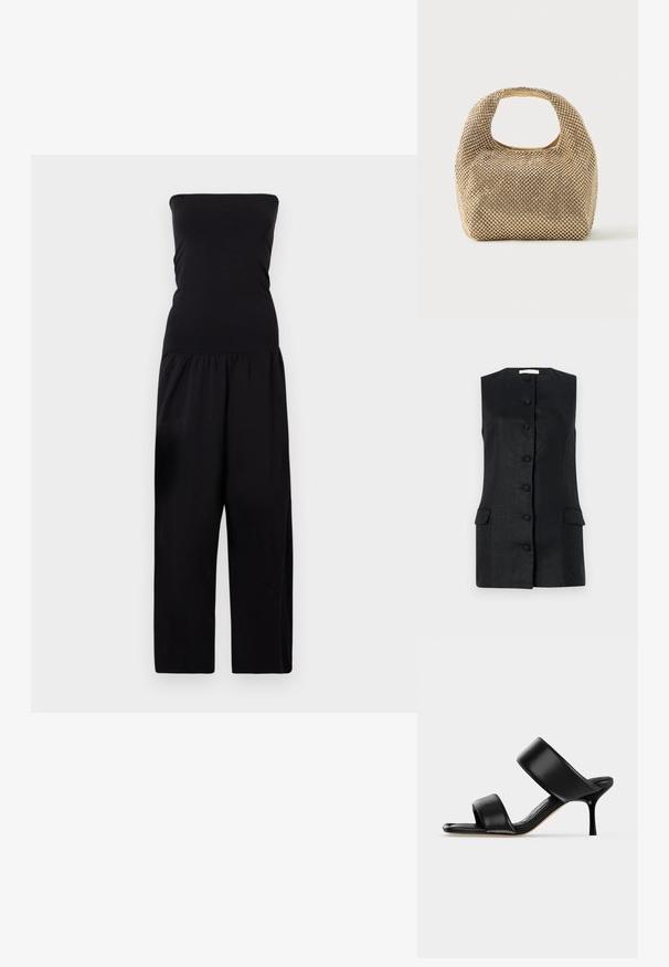 By Malene Birger MARCIEL - Buksedragter - black; Sød løstsiddende sort vest uden ærmer lavet af tekstureret stof, med en lige skæring, seks knapper og to forlommer. Simpelt og struktureret design.; Sort læder mule sandal med to brede remme og en slank mellemhøj stiletthæl på en ensartet lys baggrund.; Lille håndtaske i guldtone dækket af skinnende runde nitter med kort håndtag og rektangulært udskåret hul øverst.
