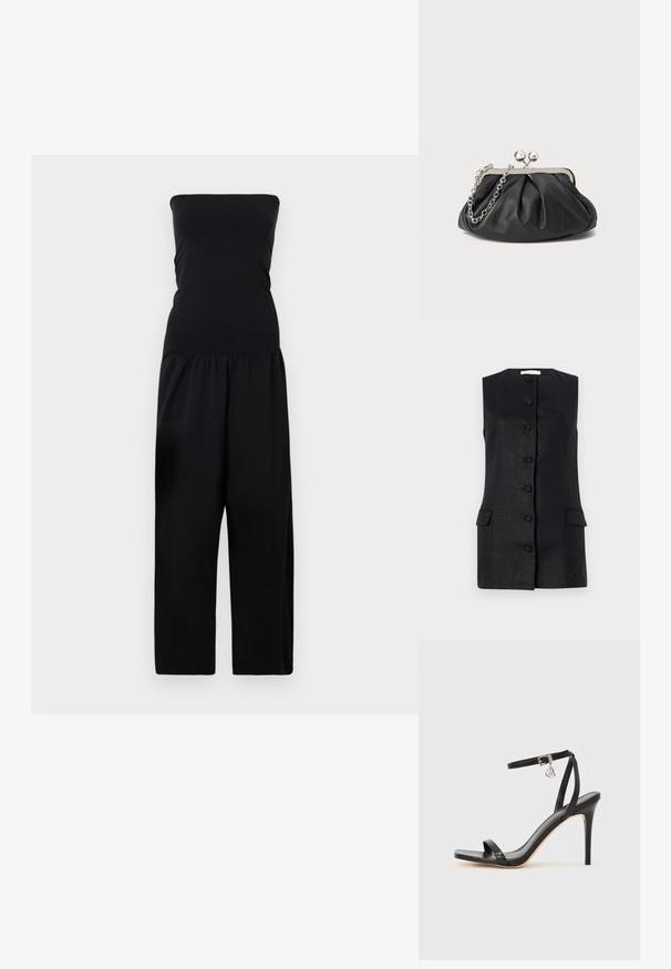 By Malene Birger MARCIEL - Jumpsuit - black; Ärmellose schwarze Weste aus strukturiertem Stoff, mit geradem Schnitt, sechs Knöpfen und zwei vorderen Taschen. Einfaches und strukturiertes Design.; Schwarze High-Heel-Sandale mit schmalem Knöchelriemen, quadratischer Zehenbox, glattem Leder und metallischem Schnallenakzent.; Schwarze Leder-Clutch mit geraffter Textur, silberfarbener Metallrahmen, Druckverschluss und Kettenriemen. Glatte, weiche Oberfläche.