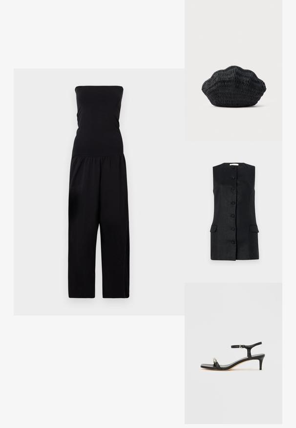 By Malene Birger MARCIEL - Lühikeste varrukatega bodi - black; Riideta must vest, mis on valmistatud tekstuuriga kangast, sirge lõikega, kuue nupuga ja kahe esilise taskuga. Lihtne ja struktureeritud disain.; Mustast nahast kontsaga sandaal pahklipaelaga, avatud varbaga, ruudukujulise esiosa ja hõbedase riistvaralist rõhutusega. Lõigatud disain ja sujuv profiil.; Mustast punutud käsitööna valmistatud käekott, mis on kujult fenkoli koore sarnane, ümaral küljel ja kootud tekstuuriga ning lihtsal taustal.