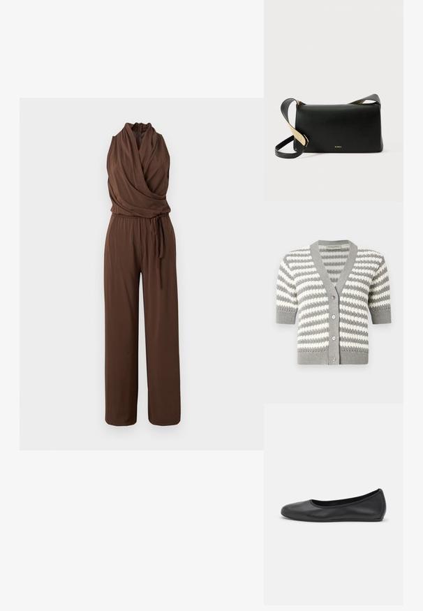 Mouwloze bruine jumpsuit met gedrapeerde V-hals, een strakke taille met een ceintuur en broek met wijde pijpen op een effen achtergrond.; Grijze en witte gestreepte cardigan met korte mouwen, V-hals en vijf knopen. Gebreide textuur met ribbelrand.; Zwarte leren ballerina met een ronde neus, gladde textuur, minimale stikdetails en een flexibele zoolontwerp.; Zwarte leren schoudertas met een rechthoekige vorm, plat ontwerp, verstelbare schouderband en gouden logodetail aan de voorkant.