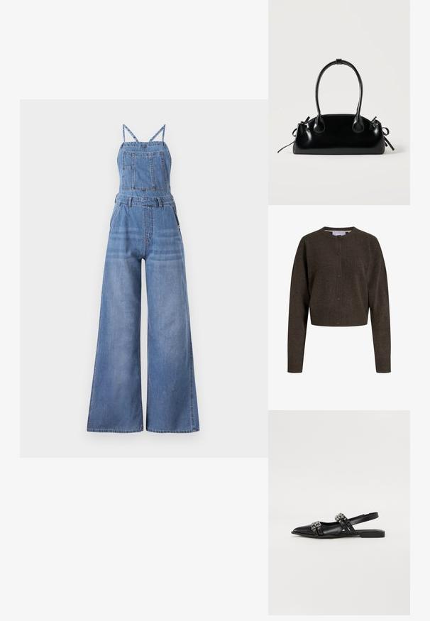 Denim overall jumpsuit med brede ben, justerbare stropper, en frontlomme og en lys blå vask med subtil falming.; Mørkebrun strikcardigan med knapper, lange ærmer, ribstrikkede ærmekanter og kant forneden samt rund halsudskæring.; Even&Odd by Zalando Slingback-ballerinasko - black; Lille sort blank håndtaske med to lange håndtag og snøre-detaljer i siden på en ensfarvet lys baggrund.