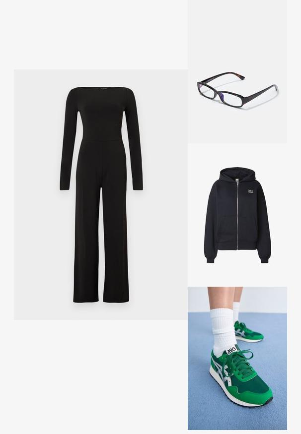 Sort jumpsuit med lange ærmer og vide ben, tætsiddende talje og bådudskæring, vist mod en ensfarvet lys baggrund.; Marineblå hættetrøje med lynlås lavet af blødt stof, med frontlomme, ribbede manchetter og et broderet logo på venstre bryst.; Grønne mesh- og syntetiske sneakers med hvide accenter og sort gummisål. Har snøringer, polstret krave og ASICS-logo på tungen.; Rektangulære briller med skildpadde-mønster, sort plastisk stel og gennemsigtige linser. Har tynde stænger og en let bøjning i enderne.