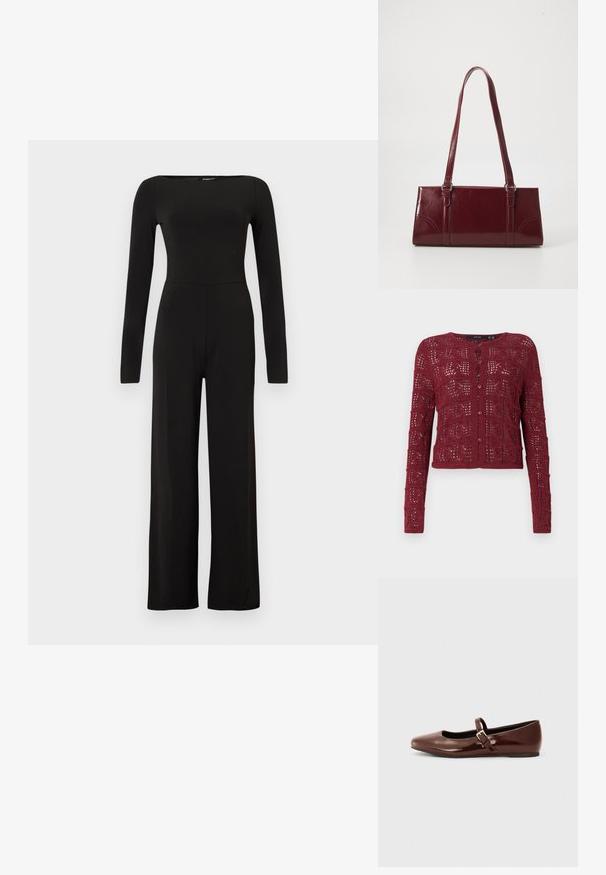 Zwarte jumpsuit met lange mouwen en wijde pijpen, een aangesloten taille en een bootnek, getoond tegen een effen lichte achtergrond.; Bordeaux gebreide cardigan met een gestructureerd open steekpatroon, met een ronde halslijn en knoopsluiting aan de voorkant.; Bruine gepatineerde leren balletschoen met een vierkante neus en een bandje met een kleine gouden gesp. Gladde textuur, lage hak en minimalistisch ontwerp.; Bourgondische handtas van glanzend materiaal, rechthoekige vorm, met twee schouderbanden en subtiele gebogen accenten aan de voorkant.