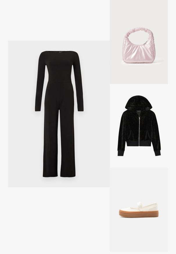 Sort jumpsuit med lange ærmer og vide ben, tætsiddende talje og bådudskæring, vist mod en ensfarvet lys baggrund.; Sort velour zip-hoodie med en buet hætte, frontlommer og ribbede manchetter. Glat tekstur og enkelt design med fokus på komfort.; Hvid lærreds-Mary Jane-sko med en tyk brun gummisål og en enkelt rem over vristen.; Rosa, polstret håndtaske med afrundet design, lavet af skinnende materiale. Har et samlet håndtag og en lynlås til sikker adgang.
