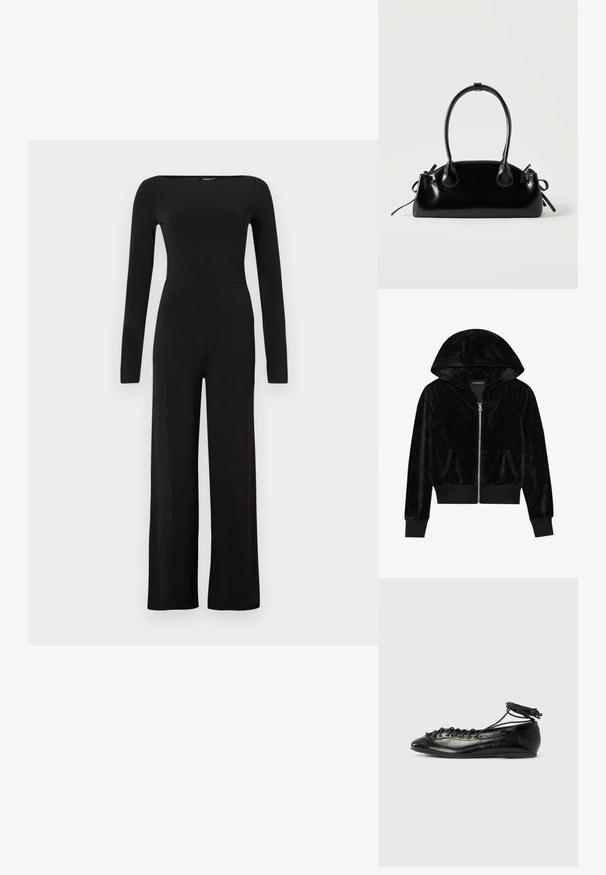 Sort jumpsuit med lange ærmer og vide ben, tætsiddende talje og bådudskæring, vist mod en ensfarvet lys baggrund.; Sort velour zip-hoodie med en buet hætte, frontlommer og ribbede manchetter. Glat tekstur og enkelt design med fokus på komfort.; Sorte balletflade sko i laklæder med rundet tå, snørelukning og flad sål. Glat tekstur med få detaljer.; Lille sort blank håndtaske med to lange håndtag og snøre-detaljer i siden på en ensfarvet lys baggrund.
