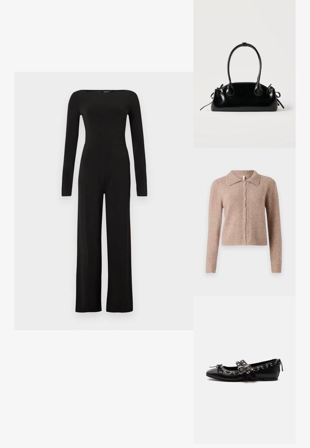 Sort jumpsuit med lange ærmer og vide ben, tætsiddende talje og bådudskæring, vist mod en ensfarvet lys baggrund.; Beige strikket cardigan med krave, prydet med dekorative knapper og diskrete udsmykninger ned foran. Blød tekstur, ribbet kant.; Sort flad balletsko med dobbelt spænde, sølvøjer og en lille sløjfe nær den runde tå på en hvid baggrund.; Lille sort blank håndtaske med to lange håndtag og snøre-detaljer i siden på en ensfarvet lys baggrund.