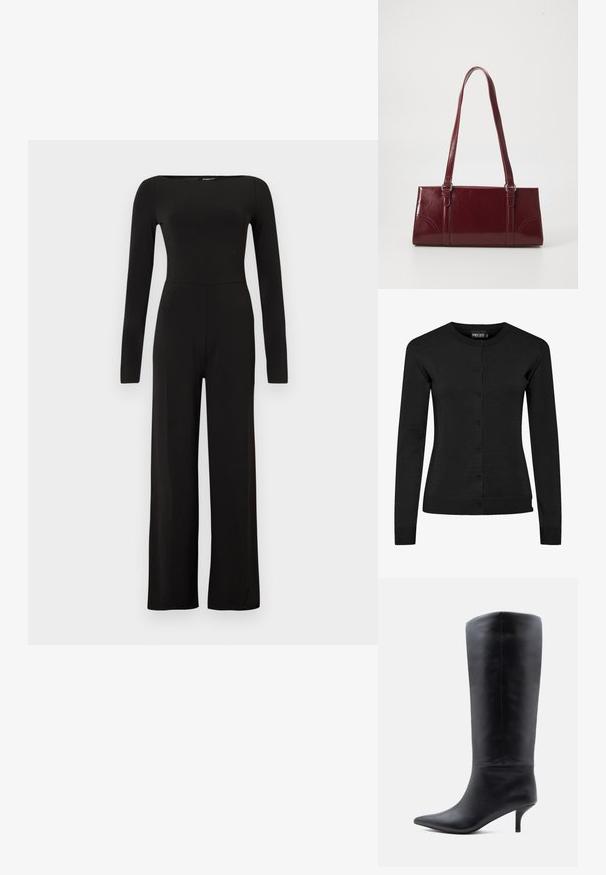 Sort jumpsuit med lange ærmer og vide ben, tætsiddende talje og bådudskæring, vist mod en ensfarvet lys baggrund.; Sort cardigan med lange ærmer lavet af strikket materiale, med rund halsudskæring, knapfront og ribbede manchetter og kant. Ingen mønstre eller detaljer.; Sort knæhøj læderstøvle til kvinder med spidst tæde og slank mellemhøj hæl, vist i sideprofil på hvid baggrund.; Bordeaux håndtaske lavet af glansfuldt materiale, rektangulær form, med to skulderremme og subtile buede detaljer på forsiden.
