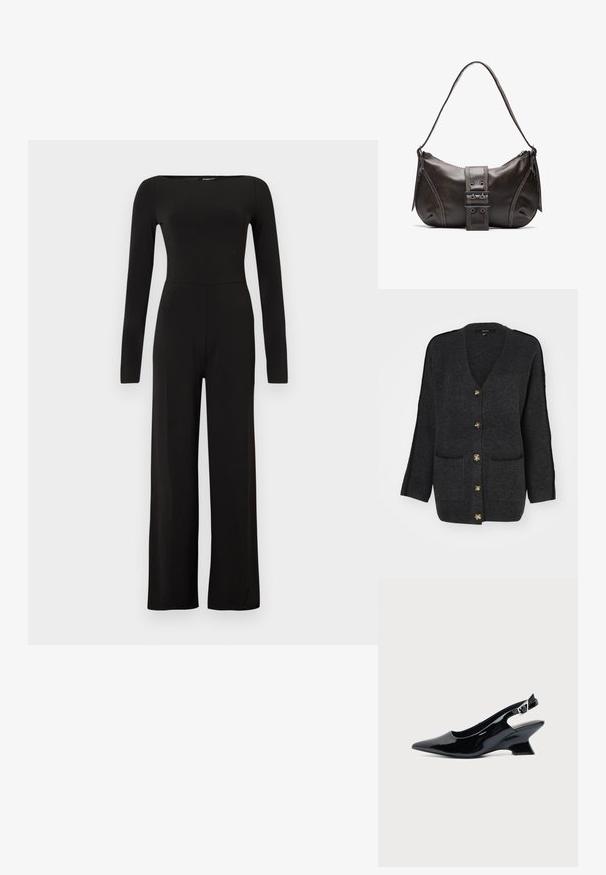 Sort jumpsuit med lange ærmer og vide ben, tætsiddende talje og bådudskæring, vist mod en ensfarvet lys baggrund.; Vero Moda Knitted VMZORA Knit - Cardigan - asphalt/black stitch; Sort laklæder slingback sko med spids tå og lav vinklet blokhæl på ensartet lys baggrund.; Brun læder skuldertaske med en buet form, der har et fremtrædende spænde, kontrasterende syninger og en enkelt skulderrem.