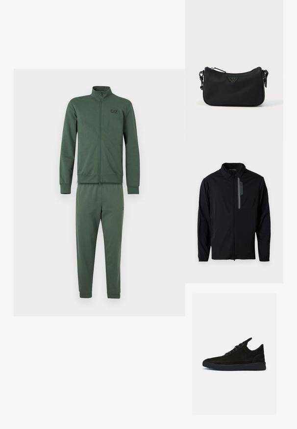 Survêtement en tissu vert foncé, comprenant une veste zippée avec col et un pantalon assorti à coupe fuselée. Comprend un petit logo sur la veste.; Veste légère noire avec fermeture éclair à l'avant, col, poignets élastiques et poche poitrine avec un accent réfléchissant. Texture lisse et design décontracté.; Baskets en daim noir à profil bas, avec un bout rond et une semelle en caoutchouc texturé. Comprend cinq œillets et une languette à l'arrière.; Sac à bandoulière noir avec fermeture éclair, sangle ajustable et emblème métallique du logo centré à l'avant.