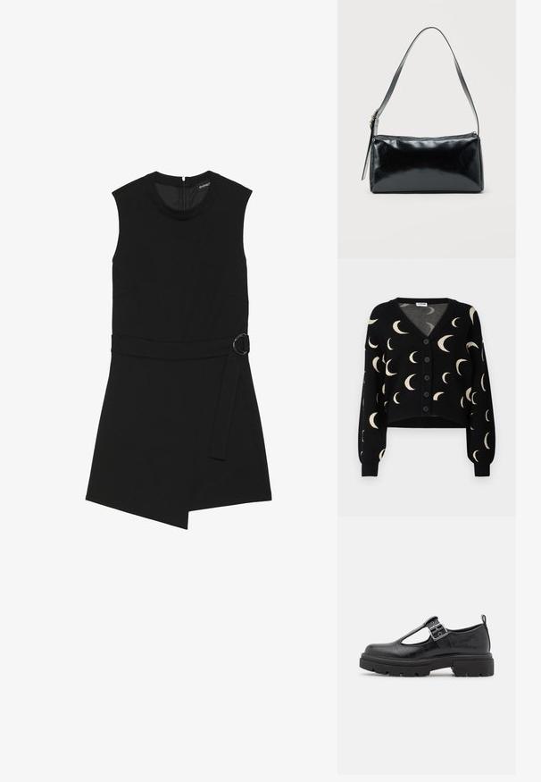 Sort ærmeløs kjole med rund halsudskæring, bælte med rundt hardware i taljen og asymmetrisk nederdel. Fremstillet af et glat stof.; Noisy May NMCHARLOTT V-NECK CARDIGAN - Cardigan - black; Sort faux lædersko med krokodillestruktur, rund tå, ankelstrop med metalspænde og en kraftig gummisål.; Sort rektangulær skuldertaske med en enkelt justerbar rem og lynlås i toppen på en ensfarvet baggrund.