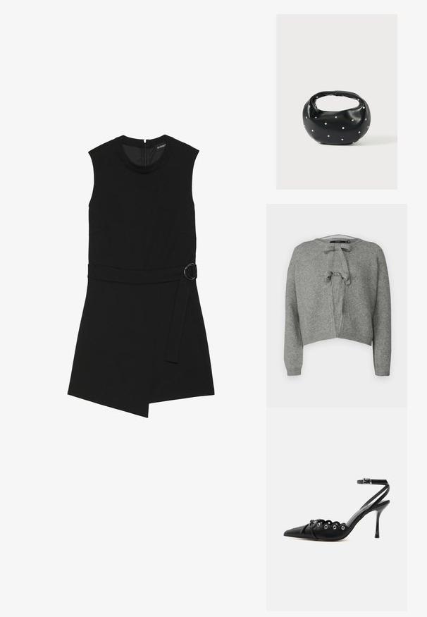 Schwarzes ärmelloses Kleid mit runder Ausschnitt, Gurt mit kreisförmiger Hardware in der Taille und asymmetrischem Saum. Hergestellt aus einem glatten Stoff.; Vero Moda VMBOW LS O-NECK TIE CARDIGAN GA - Strickjacke - medium grey; Schwarzer, spitzer High-Heel-Schuh mit geschwungenen Kanten, Metallösen, Schnürung vorne und Knöchelriemen mit Schnallverschluss.; Schwarze Lederhandtasche mit abgerundeter Form, verziert mit silbernen Nietenakzenten und kurzem Griff. Glatte Struktur und Reißverschlussverschluss.