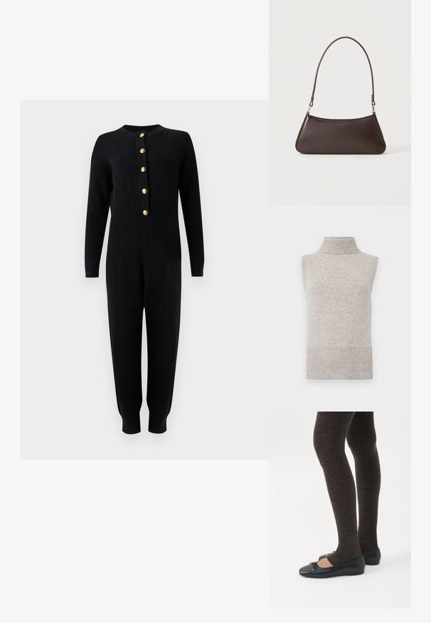 Mono negro de punto acanalado con mangas largas, botones dorados en la parte delantera, cintura ajustada y piernas estrechas que terminan en puños.; Chaleco de punto sin mangas en color beige con cuello alto, sisas y dobladillo acanalados sobre un fondo blanco.; Piernas con leggings oscuros acanalados combinados con bailarinas negras que presentan pequeños detalles de lazo sobre un fondo blanco.; Bolso de mano de piel marrón oscura con cremallera superior curva y una correa fina para el hombro con cierres dorados sobre un fondo liso.