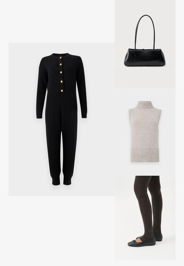 Zwart geribd gebreid jumpsuit met lange mouwen, gouden knopen aan de voorkant, een getailleerde taille en taps toelopende pijpen die eindigen in manchetten.; Mouwloze beige gebreide turtleneck sweater vest met geribde kraag, armsgaten en zoom op een witte achtergrond.; Benen met donkere geribbelde leggings gecombineerd met zwarte ballerina's met kleine strikdetails op een witte achtergrond.; Zwarte rechthoekige schoudertas met lange dunne banden en een gladde, glanzende textuur op een effen achtergrond.
