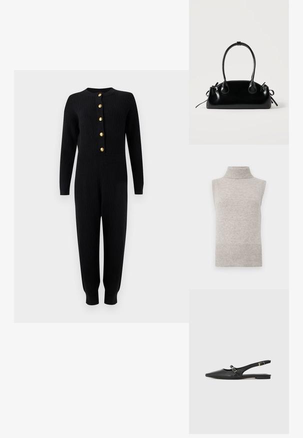 Combinaison en maille côtelée noire à manches longues, boutons dorés sur le devant, taille ajustée et jambes fuselées se terminant par des revers.; Gilet sans manches en tricot beige avec col roulé, bords côtelés aux emmanchures et à l'ourlet, sur un fond blanc.; Chaussures slingback en cuir noir avec un bout pointu, comprenant une lanière étroite et un accent de boucle argentée sur le côté. Semelle plate.; Petit sac à main noir brillant avec deux longues anses et des détails à cordon sur les côtés sur un fond clair uni.