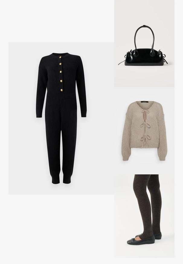 Sort ribstrikket jumpsuit med lange ærmer, guldknapper ned foran, tilpasset talje og koniske ben med manchetter.; Beige strikket cardigan med V-udskæring, der har frontbindinger, lange ærmer og ribbede manchetter. Blød tekstur og hyggeligt design.; Ben iført mørke ribbede leggings kombineret med sorte balletsko med små sløjfedetaljer på hvid baggrund.; Lille sort blank håndtaske med to lange håndtag og snøre-detaljer i siden på en ensfarvet lys baggrund.