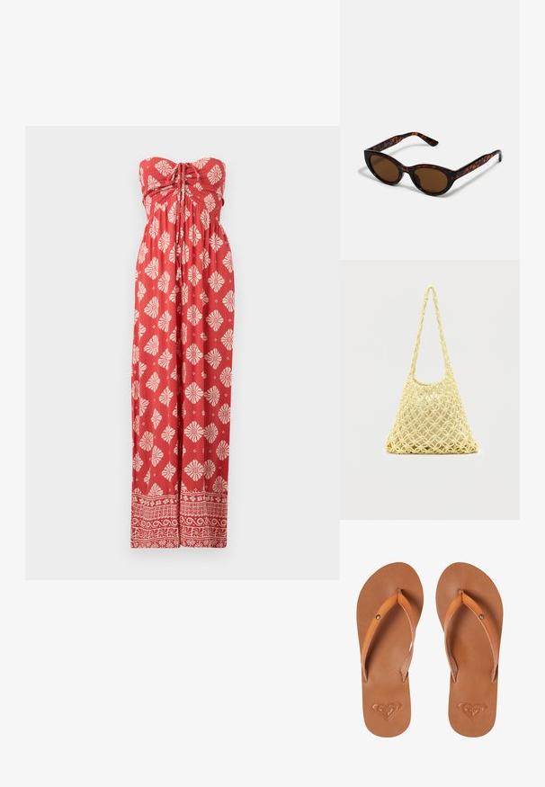 Rood strapless jurk tot op de vloer met witte bloemen- en geometrische patronen, voorzien van een geplooide lijfje en een strikdetail op de borst.; Bruine synthetische flip-flops met oranje banden, een gestructureerd oppervlak en een reliëf hartlogo op de zool.; Bruine schildpad zonnebril met een vintage cat-eye vorm en bruine lenzen. Heeft gebogen armen met rode accenten.; Gele macramé net tas met lange band en beige tasje erin, getoond op een effen witte achtergrond.