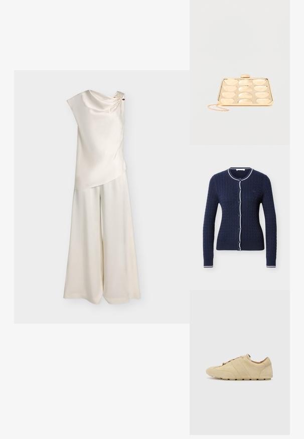 Haut en satin sans manches couleur crème avec encolure drapée et pantalon large assorti sur fond uni.; Cardigan bleu marine en maille torsadée avec bordure blanche sur le col, la patte de boutonnage et les poignets, doté de boutons sur le devant et de manches longues.; Baskets en suède tan au design minimaliste, bout rond et semelle en caoutchouc. Présente deux bandes verticales et un laçage. Texture lisse.; Sac pochette doré avec motif rectangulaire embossé arrondi et une petite chaîne en bandoulière sur un fond uni.
