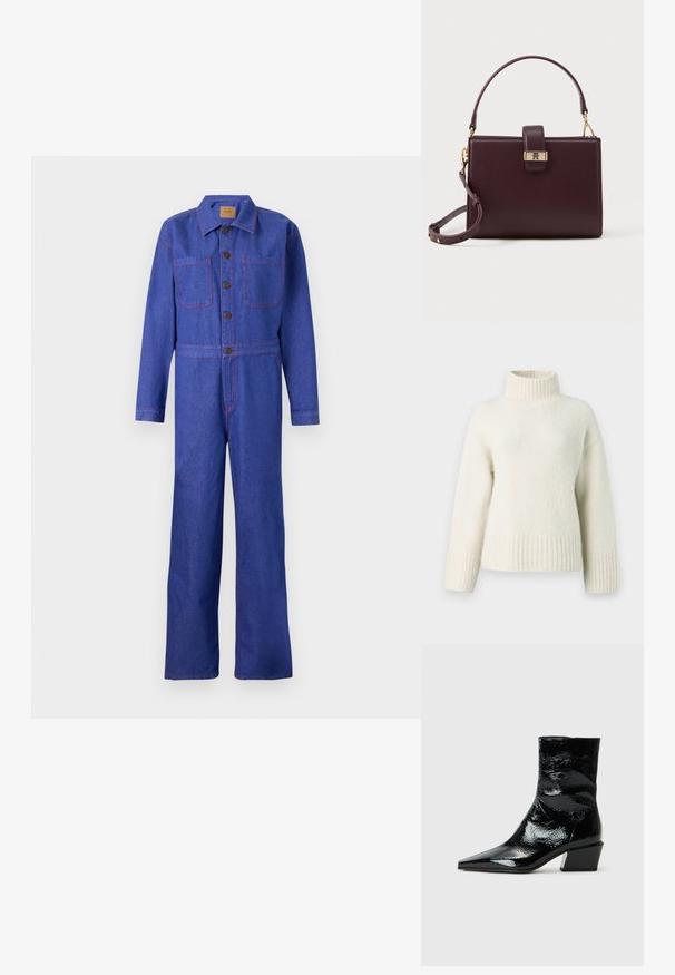 Erkis sinine teksajumpsuit pika varrukaga, suurte esikottide ja vastandlike punaste õmblustega. Omab nööpidega esiosa ja laiade jalaga lõiget.; Kreemivärvi kudum, millel on kõrge vale kaelus, kukkunud õlad ning soonikkudumisega mansetid ja ääred. Pehme, tekstuuriga kangas lisab soojust.; Mustad лӓiküdiga pahkluu saapad terava varbaga, tekstuuriga viimistlusega ja massiivse ploki kontsaga. Sirge disain sujuva ja läikiva pinnaga.; Burgundi värvi nahast käekott, millel on struktureeritud kuju, kuldne riistvara, ülemine käepide ja eemaldatav rihm. Omab haakeklappi ja logo aksenti.
