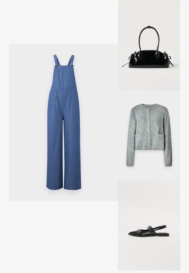 Salopette en denim bleu à jambes larges avec bretelles et détails de boucles métalliques à l'avant, suspendue contre un fond uni.; Cardigan en tricot gris clair avec un col rond, une fermeture à boutons, des manches longues et deux poches avant. Texture douce et motif subtil.; Even&Odd by Zalando Ballerines à brides arrière - black; Petit sac à main noir brillant avec deux longues anses et des détails à cordon sur les côtés sur un fond clair uni.