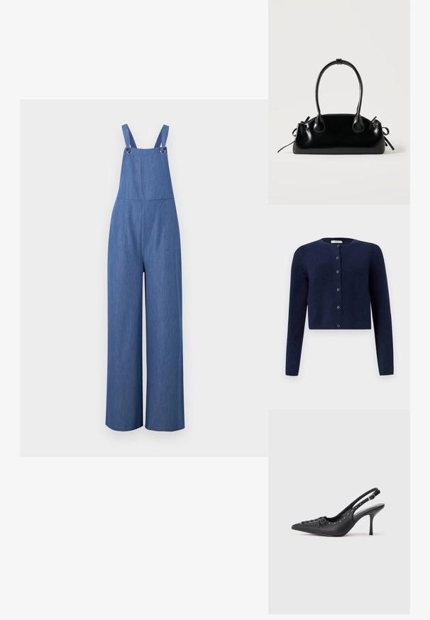 Blå denim bredbenede overalls med skulderstropper og metalspænder foran, vist hængende mod en ensartet baggrund.; JDY JDYCHLOE L/S CARDIGAN KNT NOOS - Cardigan - night sky; Sorte læder slingback stiletto med spids tå, side spændebånd, nitter langs kanten og dekorativ snøring foran.; Lille sort blank håndtaske med to lange håndtag og snøre-detaljer i siden på en ensfarvet lys baggrund.