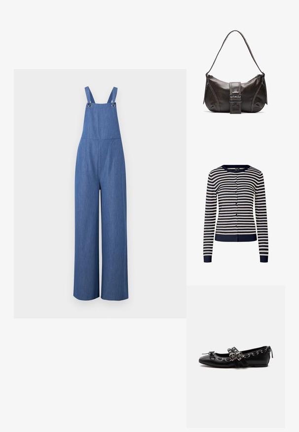 Blaue Denim-Latzhose mit weitem Bein, Schultergurten und vorderen Metallverschluss-Details, aufgehängt vor einem schlichten Hintergrund.; Marineblaue und cremefarbene gestreifte Strickjacke aus weichem Strickstoff, mit Rundhalsausschnitt, langen Ärmeln und Knopfverschluss vorne.; Schwarzer flacher Ballettschuh mit doppelten Schnallenriemen, silbernen Ösen und einer kleinen Schleife nahe der abgerundeten Spitze auf weißem Hintergrund.; Braune Lederumhängetasche mit gebogener Form, die mit einem auffälligen Schnallendetail, kontrastierenden Nähten und einem einzigen Schulterriemen ausgestattet ist.