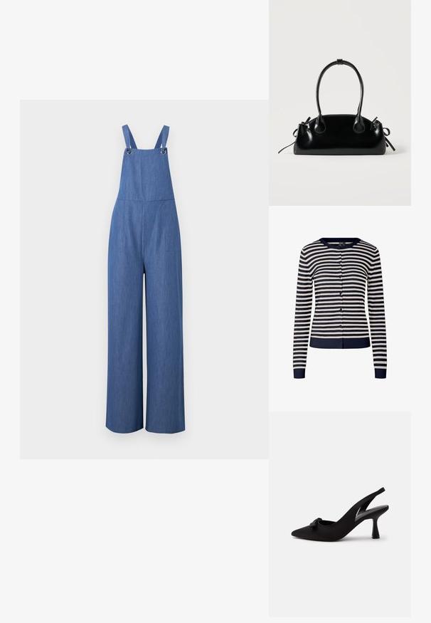 Blaue Denim-Latzhose mit weitem Bein, Schultergurten und vorderen Metallverschluss-Details, aufgehängt vor einem schlichten Hintergrund.; Marineblaue und cremefarbene gestreifte Strickjacke aus weichem Strickstoff, mit Rundhalsausschnitt, langen Ärmeln und Knopfverschluss vorne.; Schwarzer Slingback-Pumps mit spitzer Kappe, kleinem Schleifendetail vorne und schmalem Absatz, vor weißem Hintergrund gezeigt.; Kleine schwarze glänzende Handtasche mit zwei langen Griffen und seitlichen Kordelzug-Details vor einfachem hellem Hintergrund.