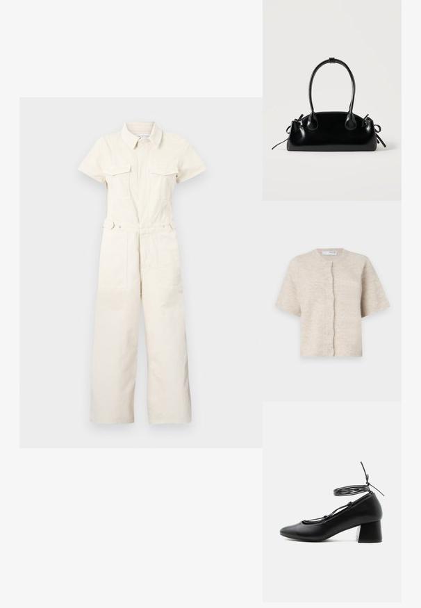 Good American FIT FOR SUCCESS PALAZZO CROPPED - Jumpsuit - ecru; Beige short-sleeve cardigan van zacht, textuurmateriaal met een ronde halslijn en zes bijpassende knopen aan de voorkant.; Zwarte leren schoen met middelhoog hakje, puntige neus, gekruiste riempjes en een wikkelriem rond de enkel op een witte achtergrond.; Kleine zwarte glanzende handtas met twee lange hengsels en zijkant trekkoord details op een effen lichte achtergrond.