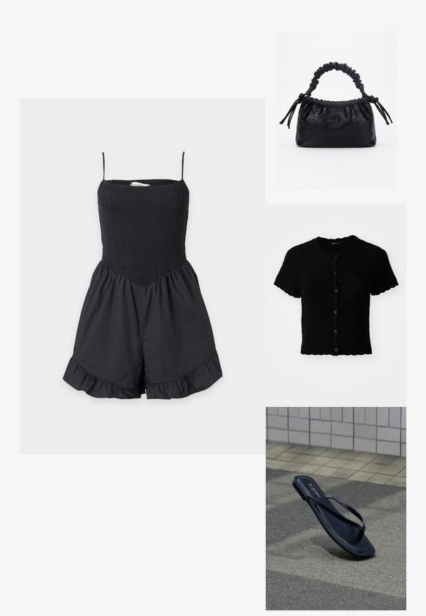 Sort ærmeløs romper med rynket, tætsiddende overdel, tynde skulderstropper, løse shorts og flæsekant, lagt fladt på hvid baggrund.; Sort kortærmet strikket cardigan med rund halsudskæring, der har en bølget kant og seks sorte knapper foran.; Sort læder-flipflop-sandal med tynde remme, der ligger på gråt fortov nær flisevæg, mærket med "S. MAMMI" indersål-tekst.; Sort taske med krokodilletekstur, rynket øverste kant, samlet hank og snore med kvaster på hver side mod en hvid baggrund.