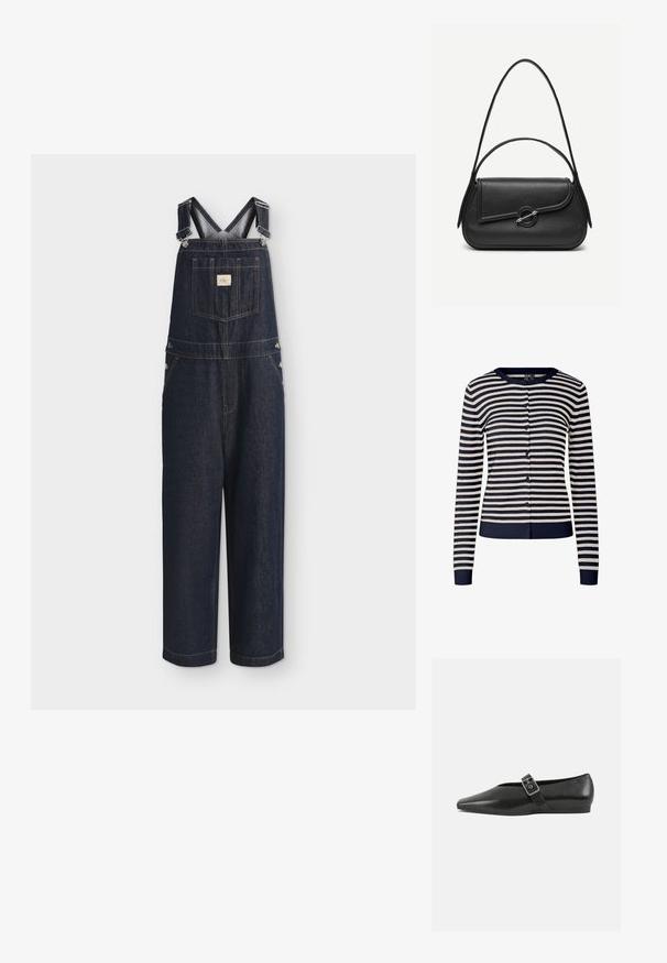 Dunkelblaue Denim-Latzhosen mit verstellbaren Schulterriemen, vordere Brusttasche mit Logopatch und weiten geraden Beinen.; Marineblaue und cremefarbene gestreifte Strickjacke aus weichem Strickstoff, mit Rundhalsausschnitt, langen Ärmeln und Knopfverschluss vorne.; Schwarze Lederflachschuhe mit spitzem Zehenbereich, ausgestattet mit einem metallischen Riemen über dem Spann und einer niedrigen, flexiblen Sohle.; Schwarze Lederhandtasche mit abgerundeten Kanten, asymmetrischem Überschlag, metallfarbenem runden Verschluss und kurzen sowie langen Schulterriemen.