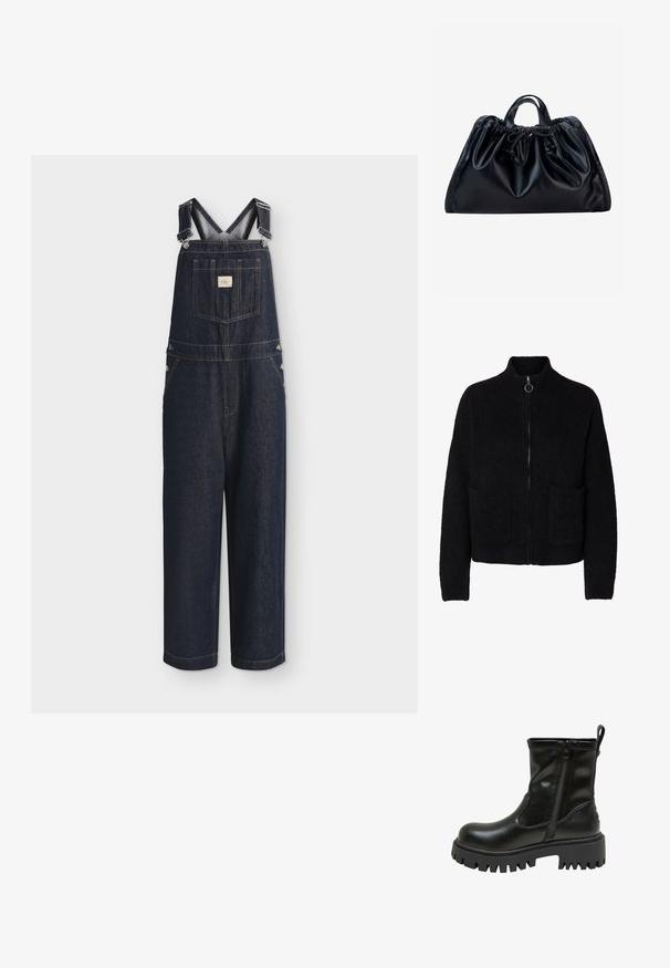 Mørkeblå denim-overalls med justerbare skulderstropper, frontlomme på brystet med logopatch og brede, lige ben.; Sort, flosset lynlås-sweater med høj krave, to forlommer og rund metal lynlåstrækker.; Sort midtkalv læderstøvle med tyk profileret sål, sidelukning med lynlås, trækstrop bagpå og præget mærkenavn på sålkanten.; Sort lædertaske med rynket top, korte dobbelthåndtag og snørebåndslukning foran i midten mod en hvid baggrund.